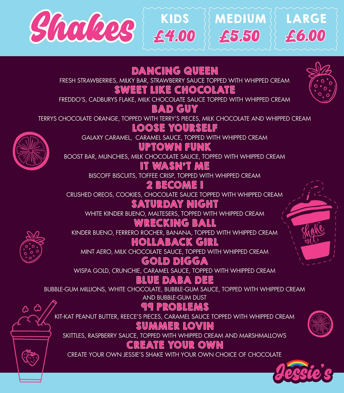 Menu shake’ów Jessie’s