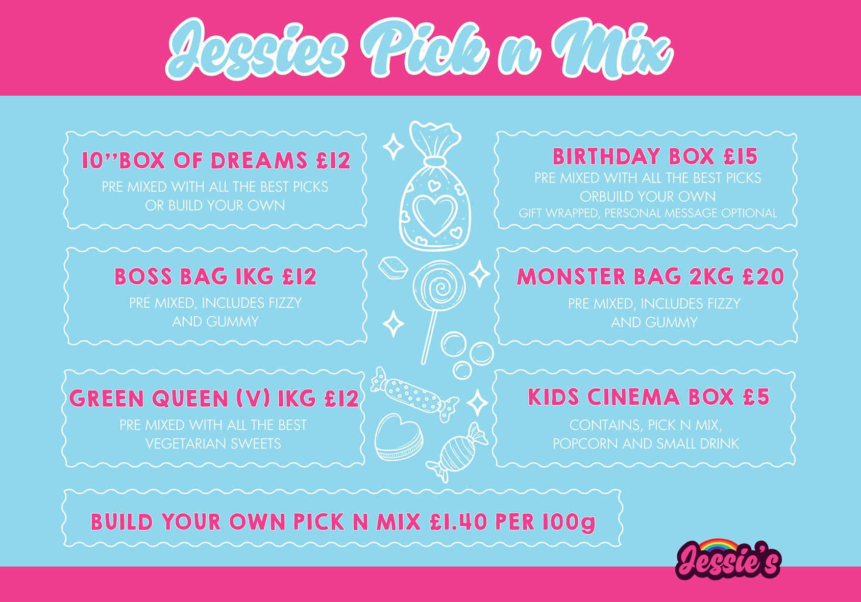 Menu słodyczy pick n mix Jessie’s