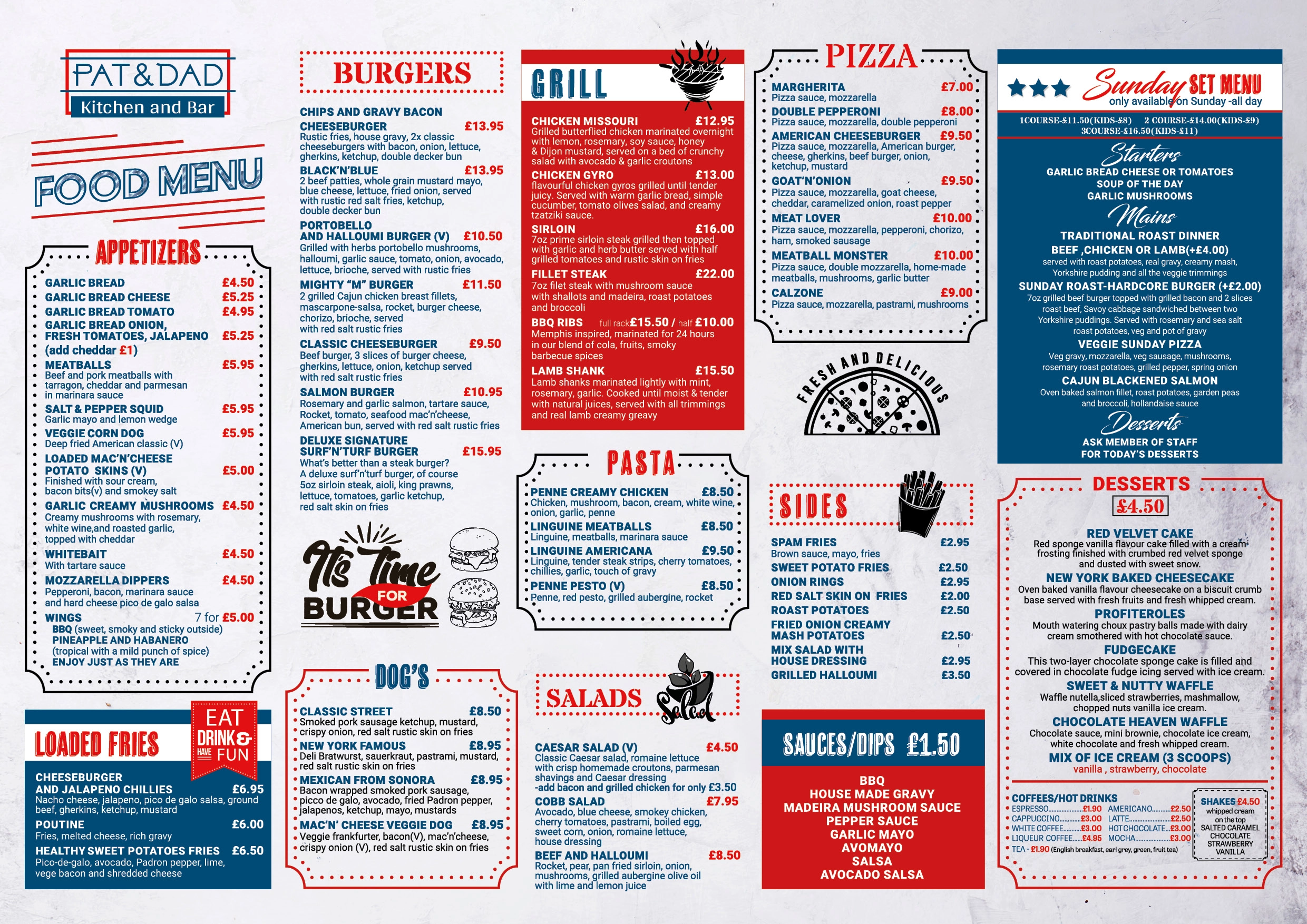 Karta food and drinks menu A3 Martys